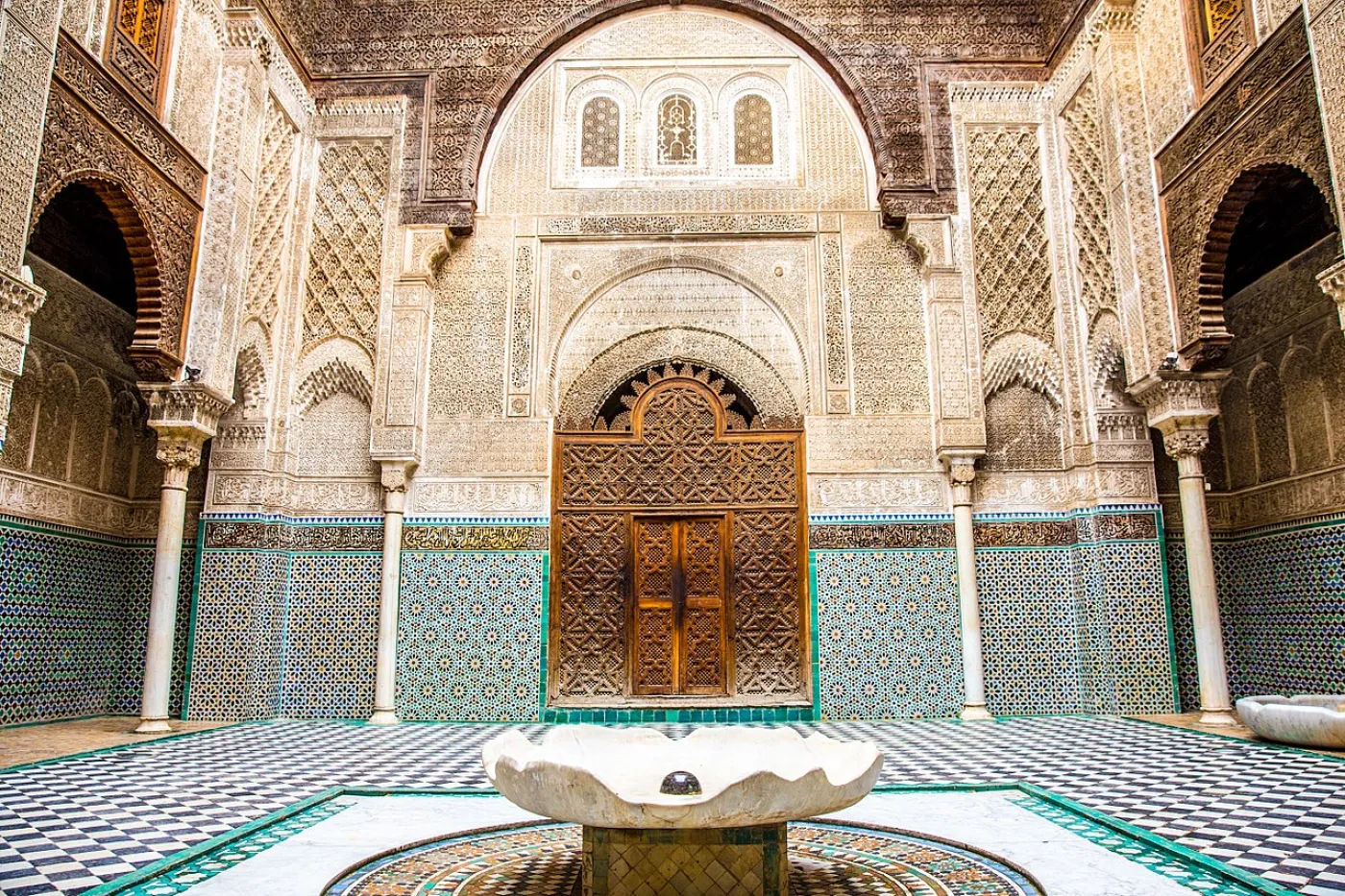 Al-Attarine Madrasa Fes Morocco Al-Attarine Madrasa woodwork and zellige detail – Fes Morocco
